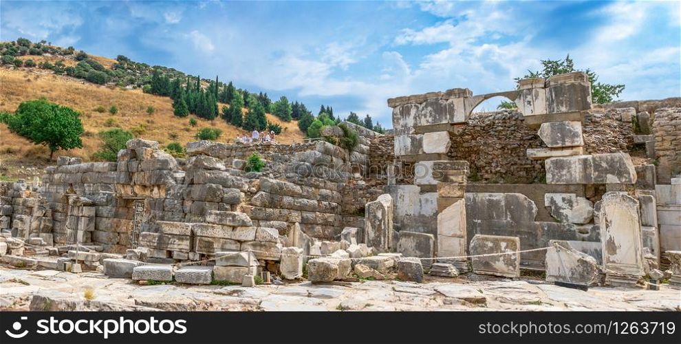 Ephesus, Turkey ? 07.17.2019. Marble road Ruins of antique Ephesus city on a sunny summer day. Marble road Ruins in antique Ephesus city in Turkey