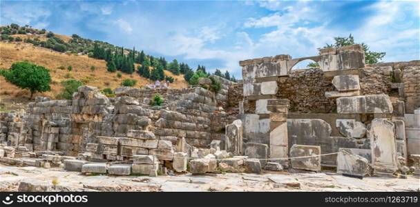 Ephesus, Turkey ? 07.17.2019. Marble road Ruins of antique Ephesus city on a sunny summer day. Marble road Ruins in antique Ephesus city in Turkey