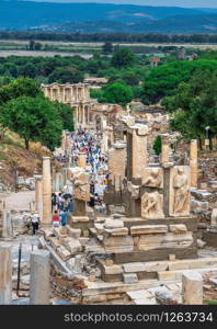 Ephesus, Turkey ? 07.17.2019. Marble road Ruins of antique Ephesus city on a sunny summer day. Marble road Ruins in antique Ephesus city in Turkey