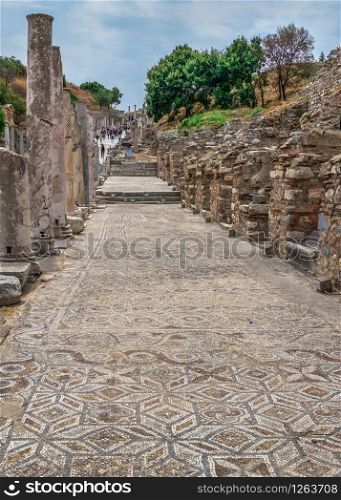 Ephesus, Turkey ? 07.17.2019. Mosaic of the antique Ephesus city on a sunny summer day. Mosaic in the antique Ephesus city in Turkey
