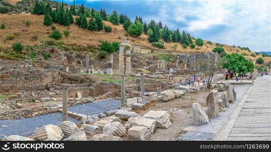 Ephesus, Turkey ? 07.17.2019. Prytaneion ruins near the State Agora in antique Ephesus city, Turkey, on a sunny summer day. Prytaneion ruins in the ancient Ephesus, Turkey