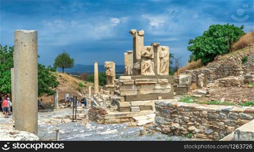 Ephesus, Turkey ? 07.17.2019. The Ruins of The Polyphemus statues of Pollio Fountain in antique Ephesus city, Turkey, on a sunny summer day. Polyphemus statues in the ancient Ephesus, Turkey