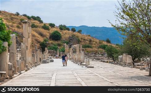Ephesus, Turkey ? 07.17.2019. Upper Agora Ruins of antique Ephesus city on a sunny summer day. Upper Agora Ruins in antique Ephesus city in Turkey