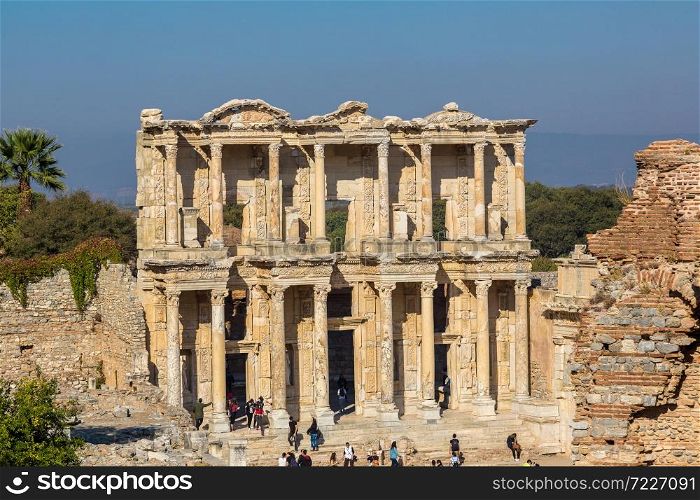 EPHESUS, TURKEY - JULY 28, 2017: Ruins of Celsius Library in ancient city Ephesus, Turkey in a beautiful summer day