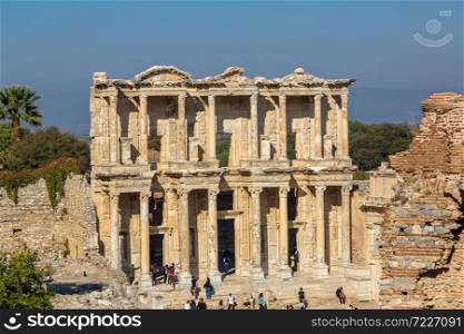 EPHESUS, TURKEY - JULY 28, 2017: Ruins of Celsius Library in ancient city Ephesus, Turkey in a beautiful summer day