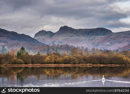 Epic Autumn landscape image of River Brathay in Lake District lookng towards Langdale Pikes with fog across river and vibrant woodlands