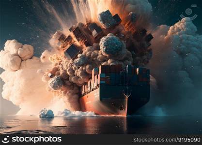Epic explosion on a cargo ship. Neural network AI generated art. Epic explosion on a cargo ship. Neural network AI generated