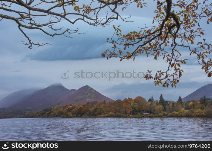 Epic landscape image of Catbells viewed acros Derwentwater during Autumn in Lake District with mist rolling across the hills and woodland