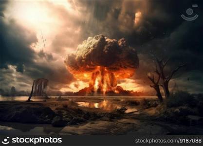 Epic scene of nuclear explosion. The End of the world. Generate Ai. Epic scene of nuclear explosion. The End of the world
