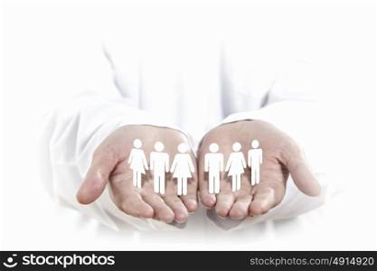 Equality of people. Close up of human hands with row of people figures