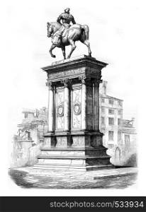 Equestrian statue of Bartolomeo Colleoni, in front of the Church of St John and St Paul, in Venice, vintage engraved illustration. Magasin Pittoresque 1855.