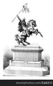 Equestrian statue of William the Conqueror, by Rochet, inaugurated at Falaise, October 26, 1851, vintage engraved illustration. Magasin Pittoresque 1858.