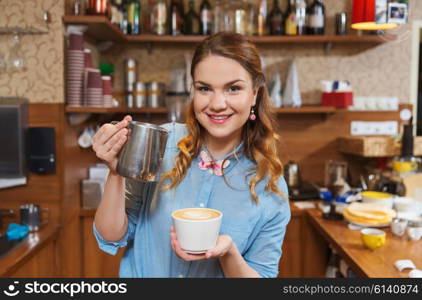 equipment, coffee shop, people and technology concept - barista woman pouring cream to cup of coffee at cafe bar or restaurant kitchen