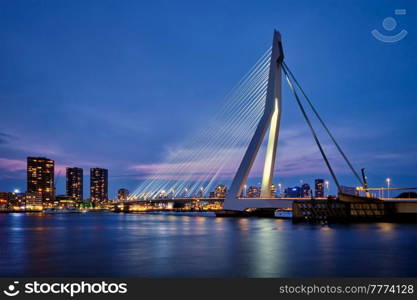 Erasmus Bridge (Erasmusbrug) and Rotterdam skyline illuminated at night. Rotterdam, Netherlands. Erasmus Bridge, Rotterdam, Netherlands