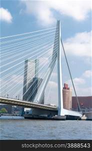 Erasmus bridge in Rotterdam, The Netherlands, and business buildings in the background