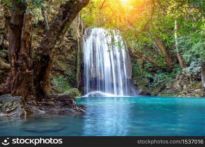 Erawan waterfall in Thailand. Beautiful waterfall with emerald pool in nature.