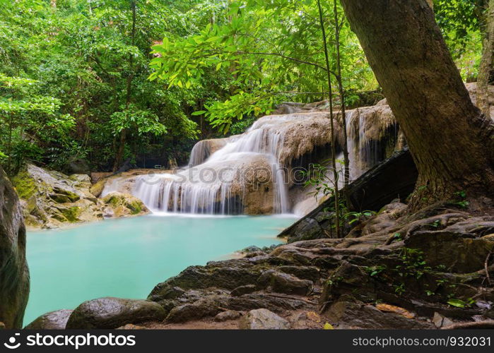 Erawan Waterfall. Nature landscape of Kanchanaburi district in natural area. it is located in Thailand for travel trip on holiday and vacation background, tourist attraction.