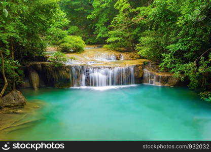 Erawan Waterfall. Nature landscape of Kanchanaburi district in natural area. it is located in Thailand for travel trip on holiday and vacation background, tourist attraction.