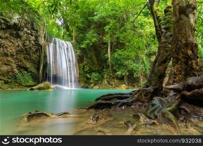 Erawan Waterfall. Nature landscape of Kanchanaburi district in natural area. it is located in Thailand for travel trip on holiday and vacation background, tourist attraction.