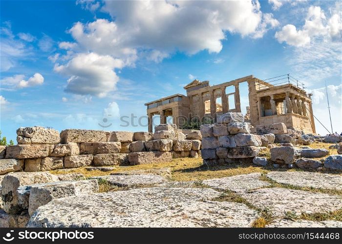 Erechtheum temple ruins on the Acropolis in a summer day in Athens, Greece
