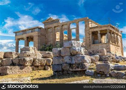 Erechtheum temple ruins on the Acropolis in a summer day in Athens, Greece