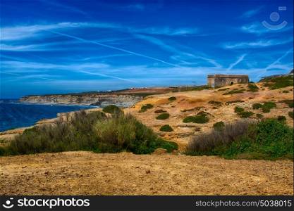 Ericeira Portugal. 13 April 2017.Fort Milreu ancient defensive building in Ribeira de Ilhas Portugal. Ribeira de Ilhas beach is Part of the World Surfing Reserve and its right outside Ericeira Village. Ericeira, Portugal. photography by Ricardo Rocha.
