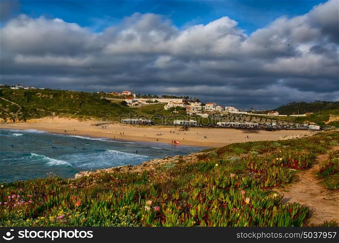 Ericeira Portugal. 13 April 2017.View of St. Julians beach and green fields sourouding.St. Julians beach its about 2 km of Ericeira Village. Ericeira, Portugal. photography by Ricardo Rocha.