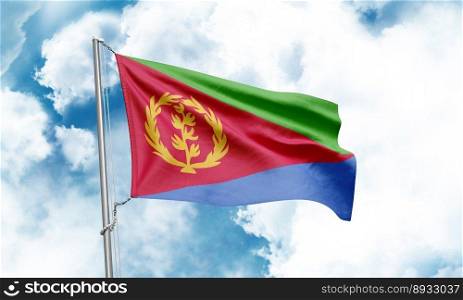 Eritrea flag waving on sky background. 3D Rendering