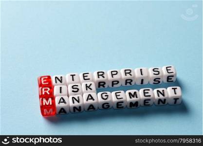 ERM Enterprise Risk Management writen on black and white dicese on blue