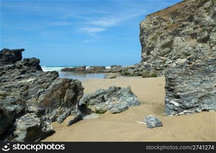 Eroding rock cliffs, Porthtowan beach Cornwall UK.