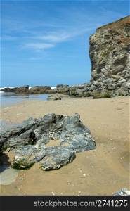 Eroding rock cliffs, Porthtowan beach Cornwall UK.