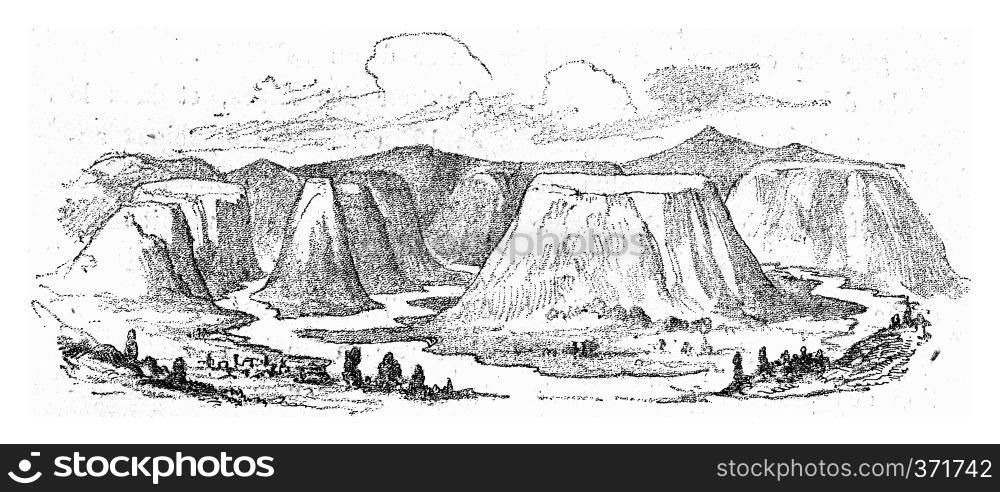 Erosion and denudation of a plateau by running water, vintage engraved illustration. From Natural Creation and Living Beings. 