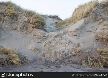 Erosion on a sand dune. Erosion caused by waves and people on a sand dune in winter