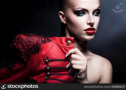 erotic attractive woman in red with blue eyes