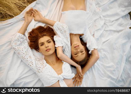 Erotic women in lingerie lying on blanket in the field, top view. Female persons with slim body in underwear leisures on meadow, relaxation on sunset, feeling of freedom. Erotic women lying on blanket in field, top view