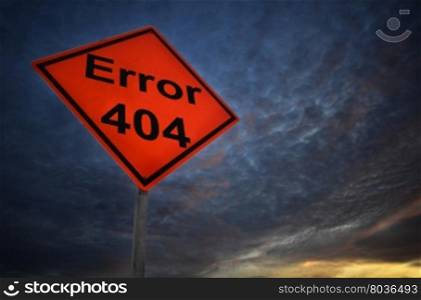 Error 404 warning road sign with storm background