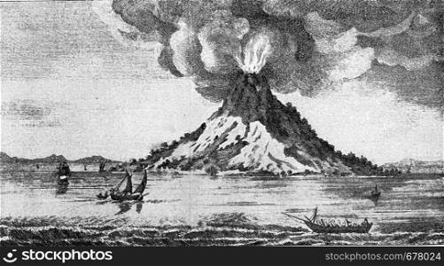 Eruption of Stromboli, vintage engraved illustration. From the Universe and Humanity, 1910.