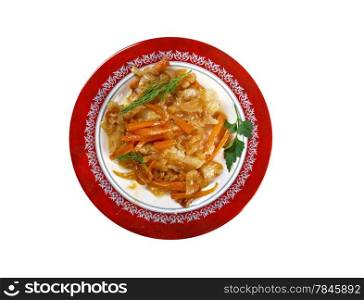 Escabeche typical Mediterranean cuisine which or fried fish marinated in an acidic mixture.isolated on a white background