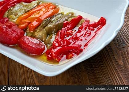 Escalivada - traditional Catalan dish of smoky grilled vegetables of roasted eggplant and bell peppers with olive oil