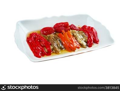 Escalivada - traditional Catalan dish of smoky grilled vegetables of roasted eggplant and bell peppers with olive oil