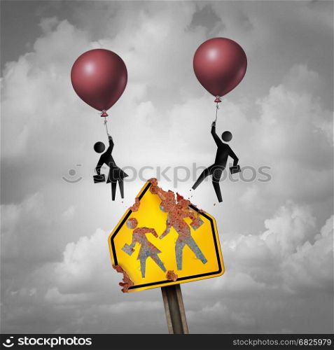 Escape a bad school education decline concept as a decaying student crossing traffic sign with a boy and girl icons leaving with balloons as a learning problem metaphor for changing academic system with 3D illustration elements.