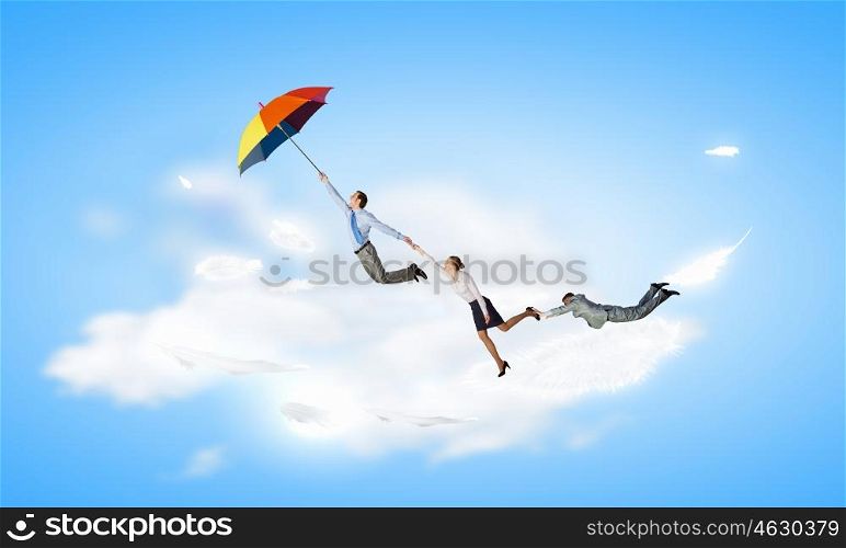 Escape from office. Business people flying in the sky on umbrella