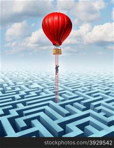Escape opportunity and freedom from adversity solution leadership with a businessman climbing a ladder out of a complicated maze in a hot air balloon as a business concept of overcoming challenges for financial success.