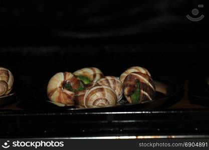 Escargots de Bourgogne on a metal plate in the oven