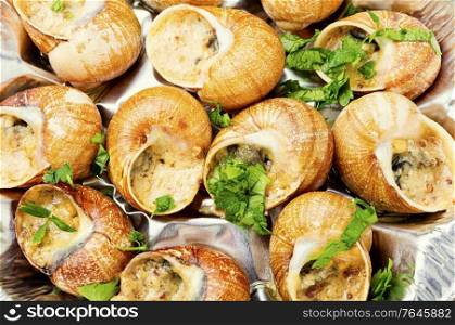 Escargots or snail with garlic butter and lime.Food background. Closeup of eating snails