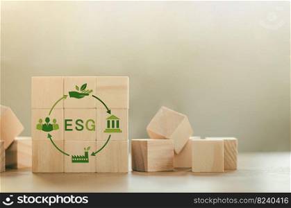 ESG concept in renewable resource economy, recycling, environment, reuse, production, sustainable development. with symbol icon on wooden block