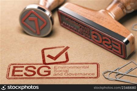 ESG, Environmental, Social and Governance printed in blue with two rubber stamps over brown paper. Corporate responsibility concept.. Corporate Responsibility. ESG, Environmental, Social and Corporate Governance.
