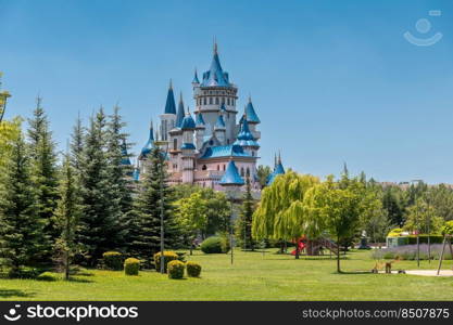 Eskisehir, Turkey - July 06, 2022: Sazova Park in Eskisehir, Turkey. (Science, Art and Culture Park) Fairy Tale Castle