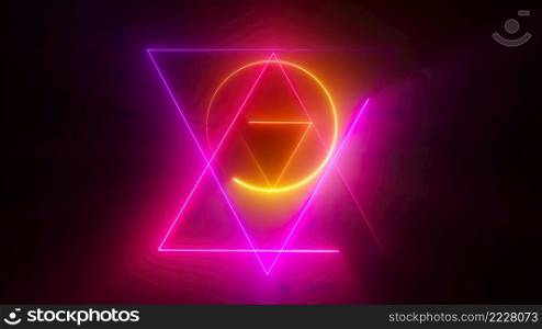 Esoteric 3d render triangle with glowing lines and star david. Occult bright geometric pentacle that ignites in mystical witchcraft fire. Polygonal alchemical talisman with pagan symbols. Esoteric 3d render triangle with glowing lines and star david. Occult bright geometric pentacle that ignites in mystical witchcraft fire. Polygonal alchemical talisman with pagan symbols.. Magic pentagram in circle abstract background.