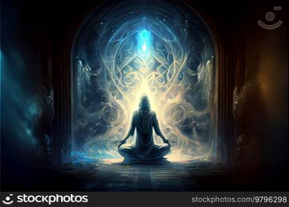 Esoteric spiritual meditation concept, man or woman meditating in lotos position. Esoteric spiritual meditation